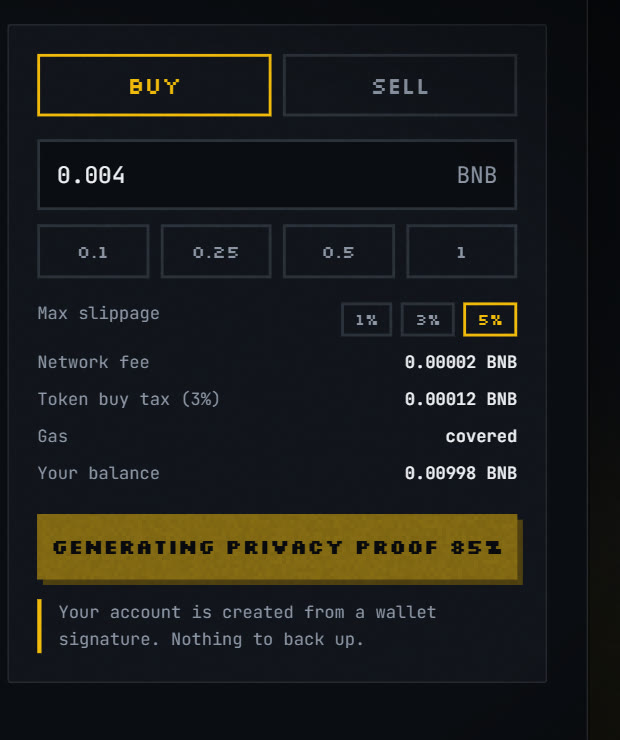 The Dazzle trade panel while a privacy proof is being generated